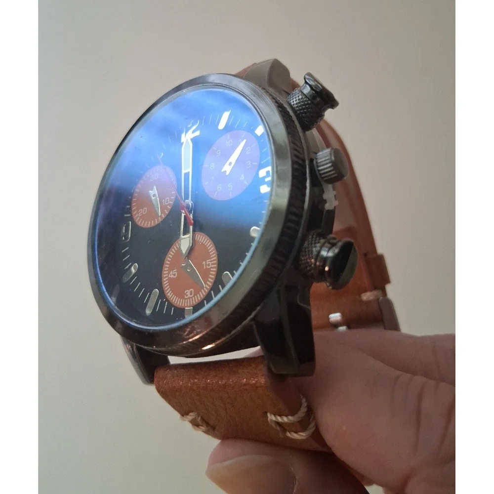 Chronograph Watch Dark Brown face Brown subdials Brown leather strap Working
